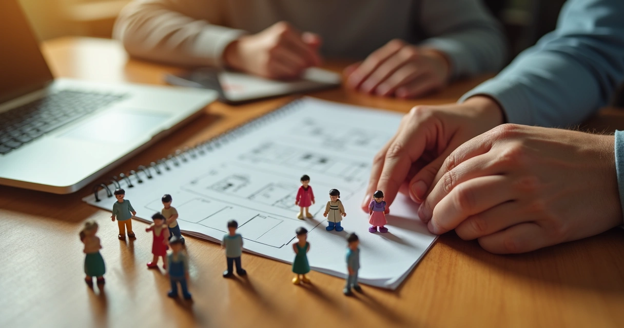 Mesa com objetos representando membros de uma família em uma dinâmica de constelação sistêmica