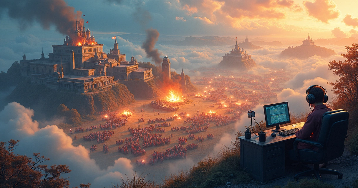 Campo de batalha com unidades de estratégia em tempo real, base fortificada e jogador concentrado no computador.
