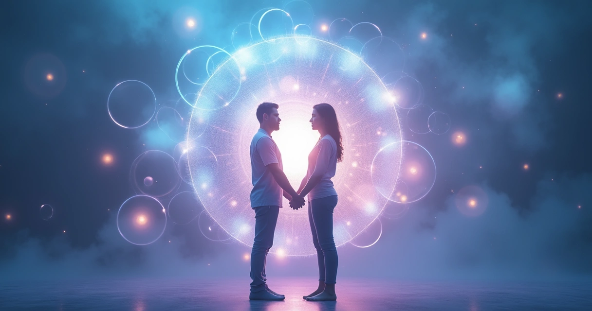 Homem e mulher em pé, frente a um fundo translúcido com formas abstratas circulares