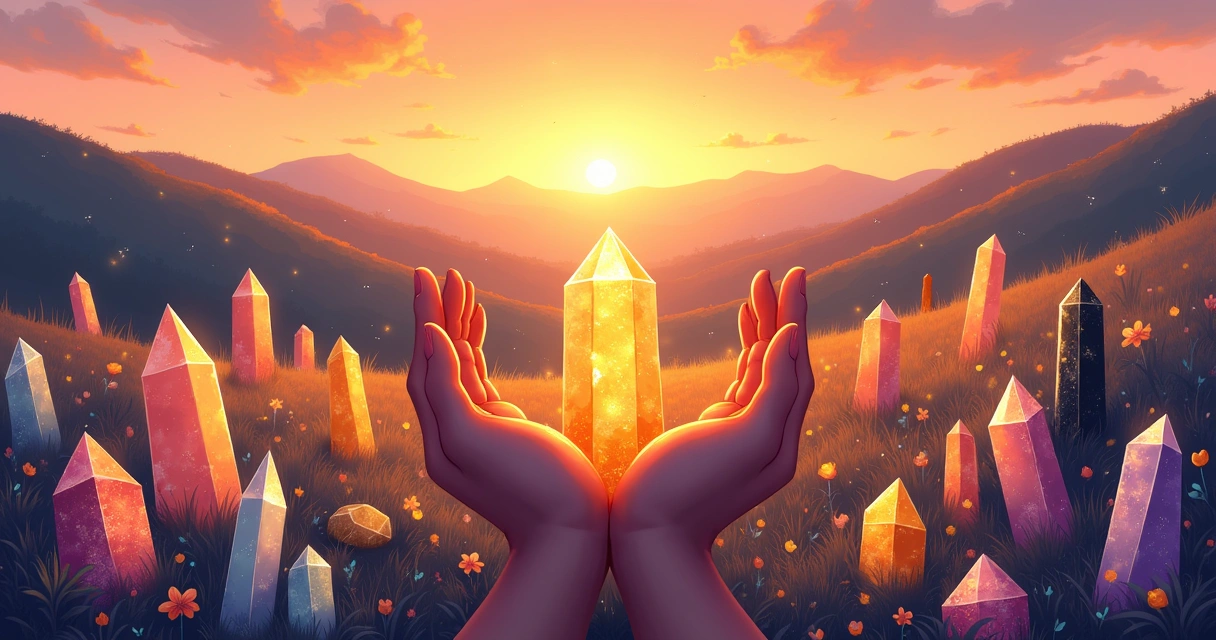 Vibrant crystal field at sunset with citrine and black tourmaline, hands gently holding a crystal.