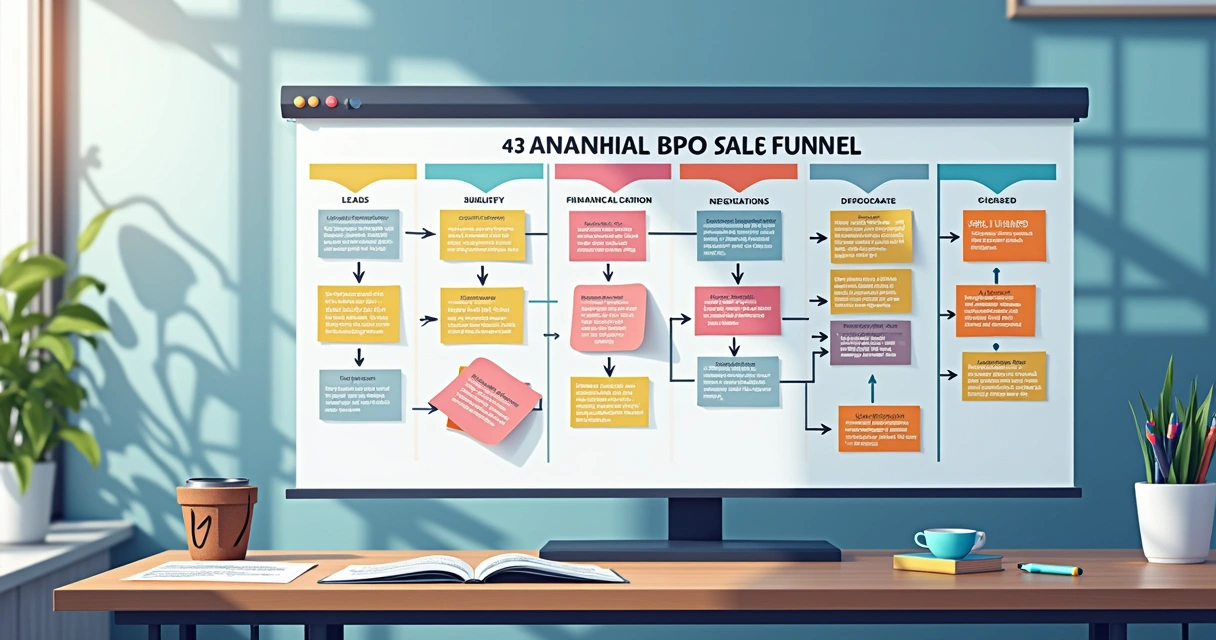 Painel kanban mostrando etapas do funil de vendas para BPO financeiro 
