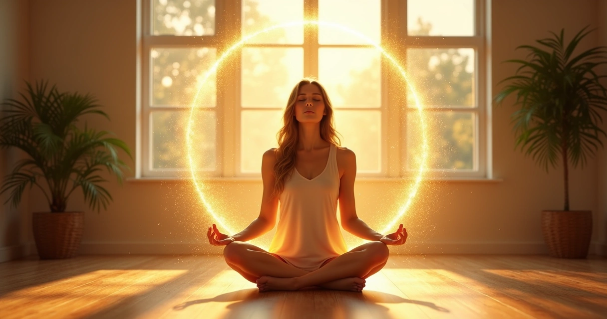 Mulher em posição de meditação com um círculo luminoso ao redor 