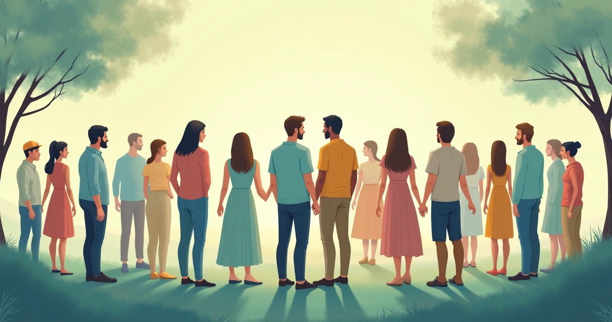 Ilustração de pessoas conectadas por linhas representando vínculos familiares e coletivos 