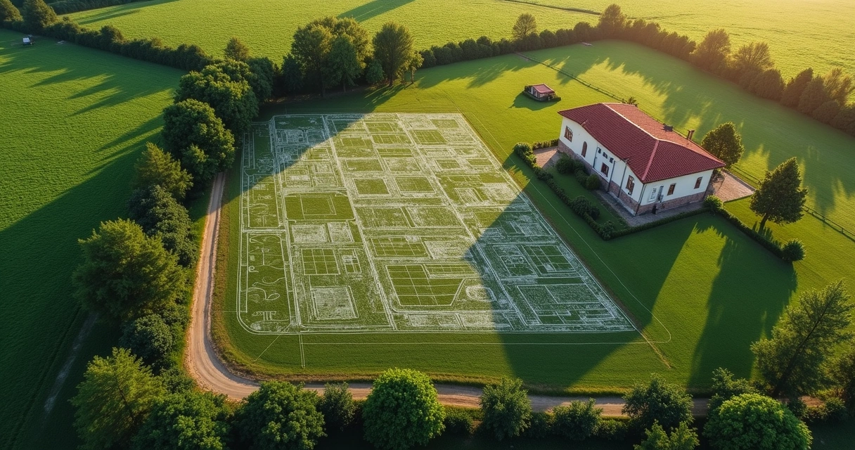 Vista aérea de um imóvel rural com planta técnica sobreposta 