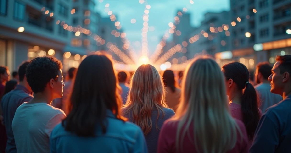 Grupo de personas conectadas por una red de luz que simboliza el campo emocional colectivo 