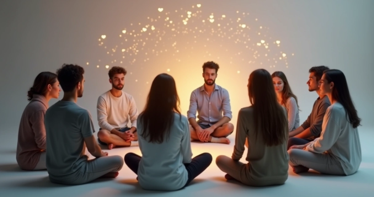 Pessoas reunidas em círculo em ambiente neutro, com linhas sutis conectando seus corpos, mostrando um campo emocional coletivo invisível