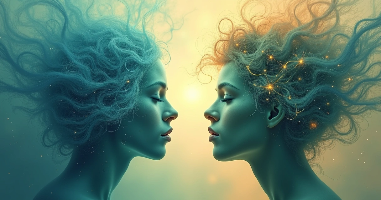 Representação visual de um campo emocional interno, mostrando emoções conectadas em tons suaves de azul e verde