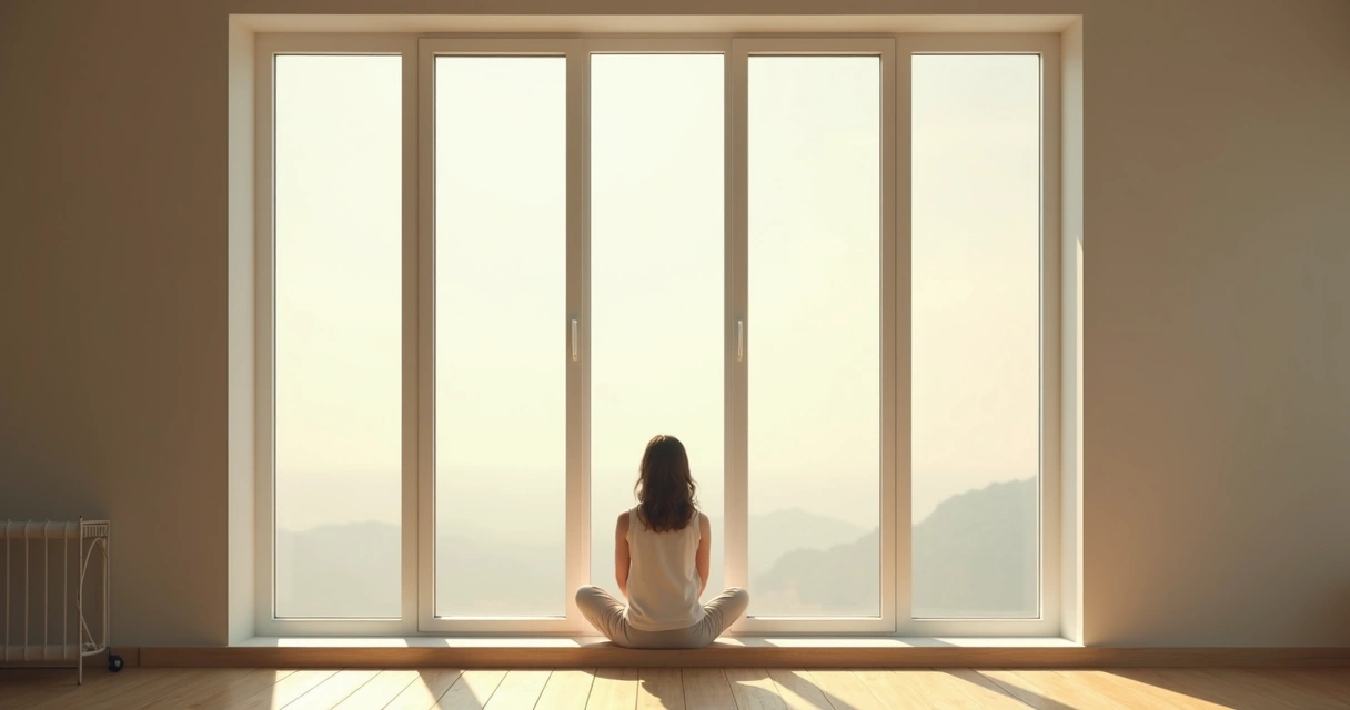 Mulher sentada sozinha olhando para fora pensativa em ambiente iluminado