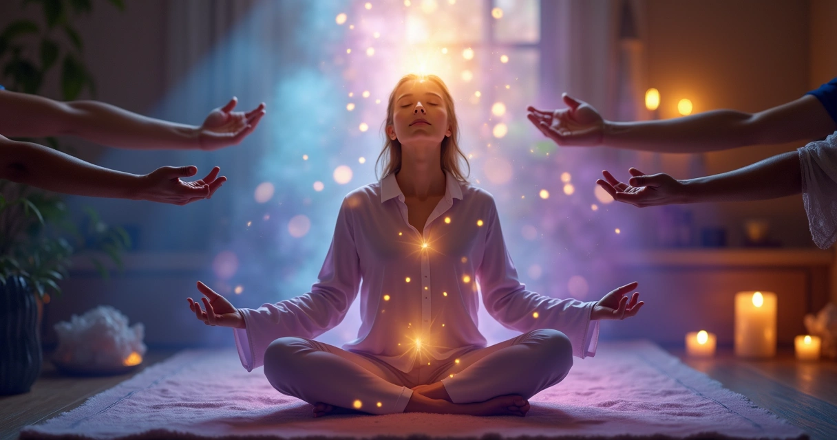 Campo energético envolto por luzes e mãos em posição de cura 