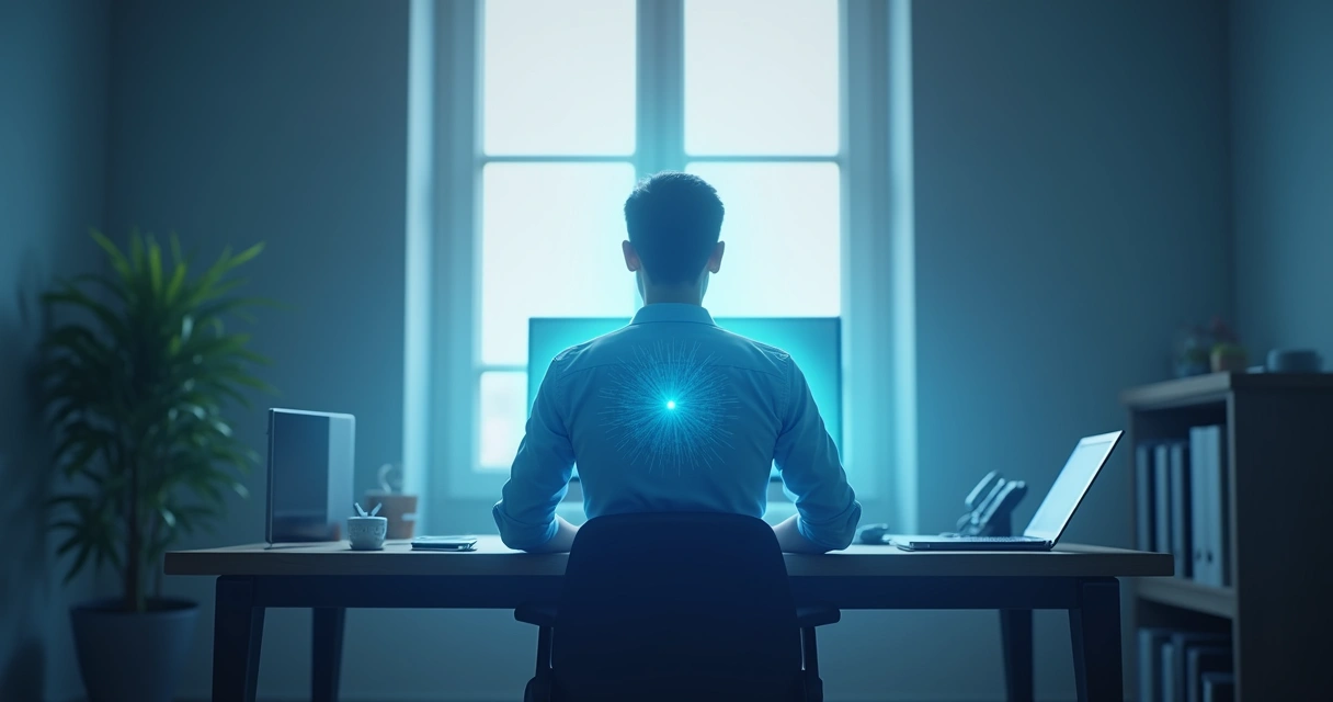 Pessoa sentada em posição de meditação com campo luminoso ao redor, em ambiente de trabalho 