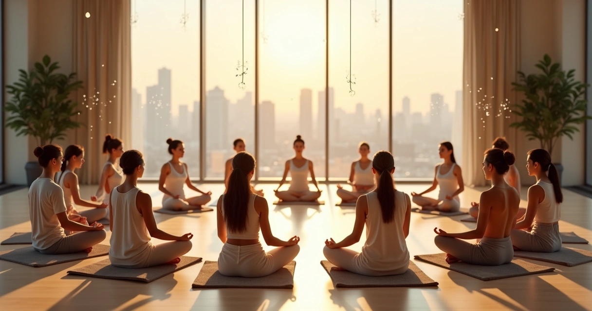 Grupo diverso meditando em círculo com campo energético luminoso compartilhado 