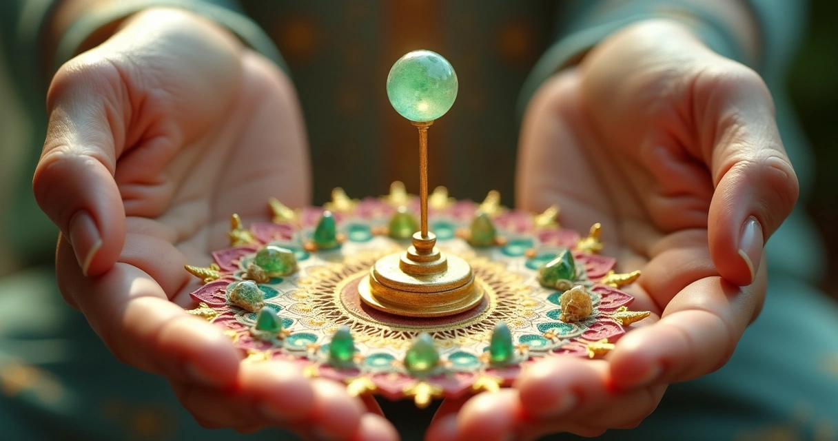 Mãos próximas a um pêndulo em movimento sobre mandala colorida 