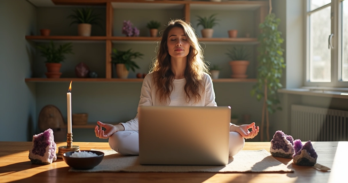 Pessoa meditando em mesa com computador, pedras e incenso aceso
