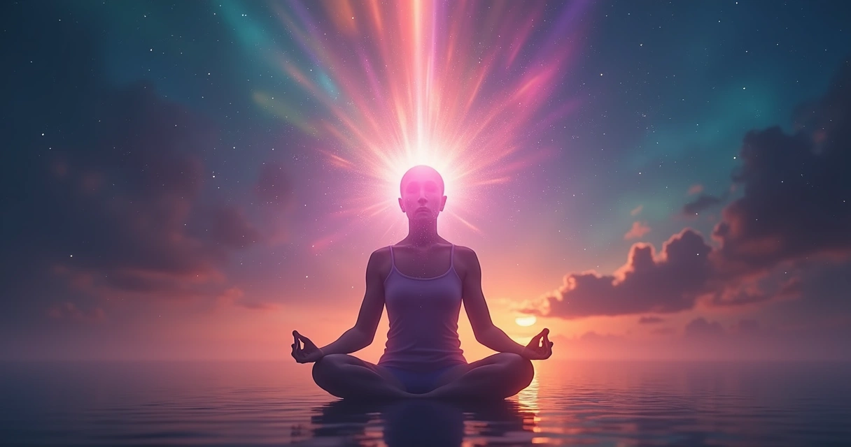 Pessoa em meditação cercada por campo energético colorido, sugerindo intenção e pensamento criando realidade 