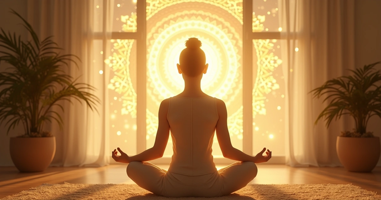 Pessoa com campo energético brilhando em tons dourados