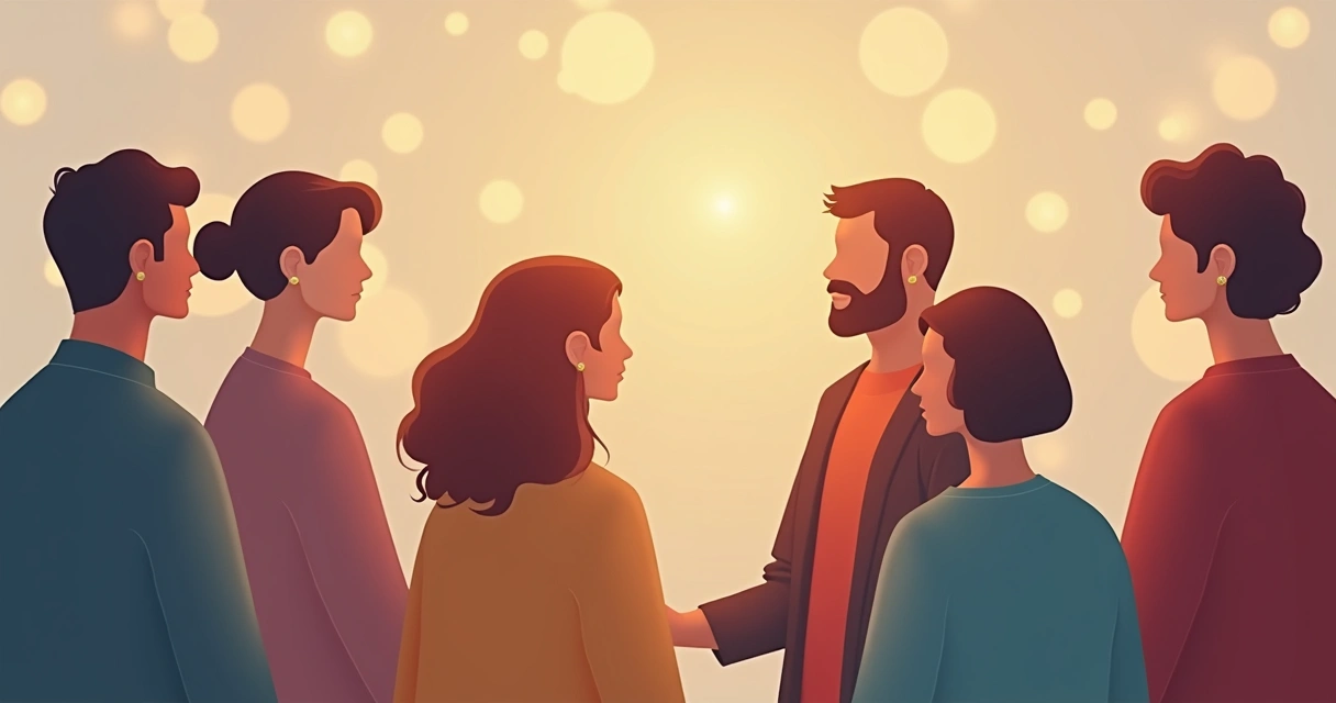 Ilustração de pessoas conversando entre círculos brilhantes representando campos energéticos individuais 