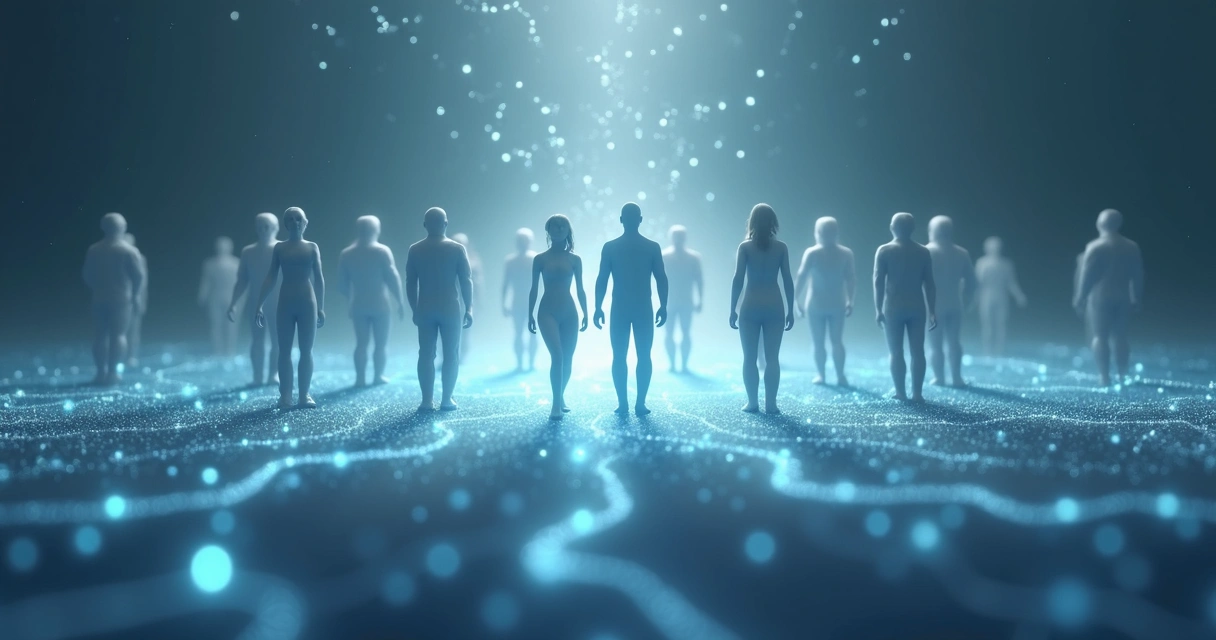 Representação visual de campos energéticos entre pessoas em linhas suaves e luzes sutis