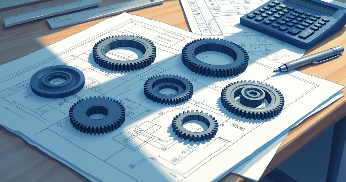 Engrenagens e documentos técnicos juntos em uma mesa de trabalho 