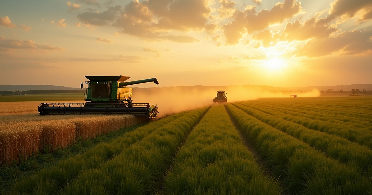 Colheitadeira colhendo soja no campo ao entardecer 