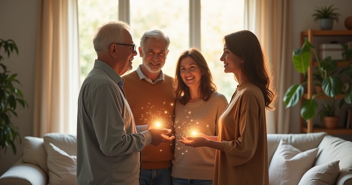 Família de três gerações conectada em círculo com luz suave simbolizando o campo familiar 