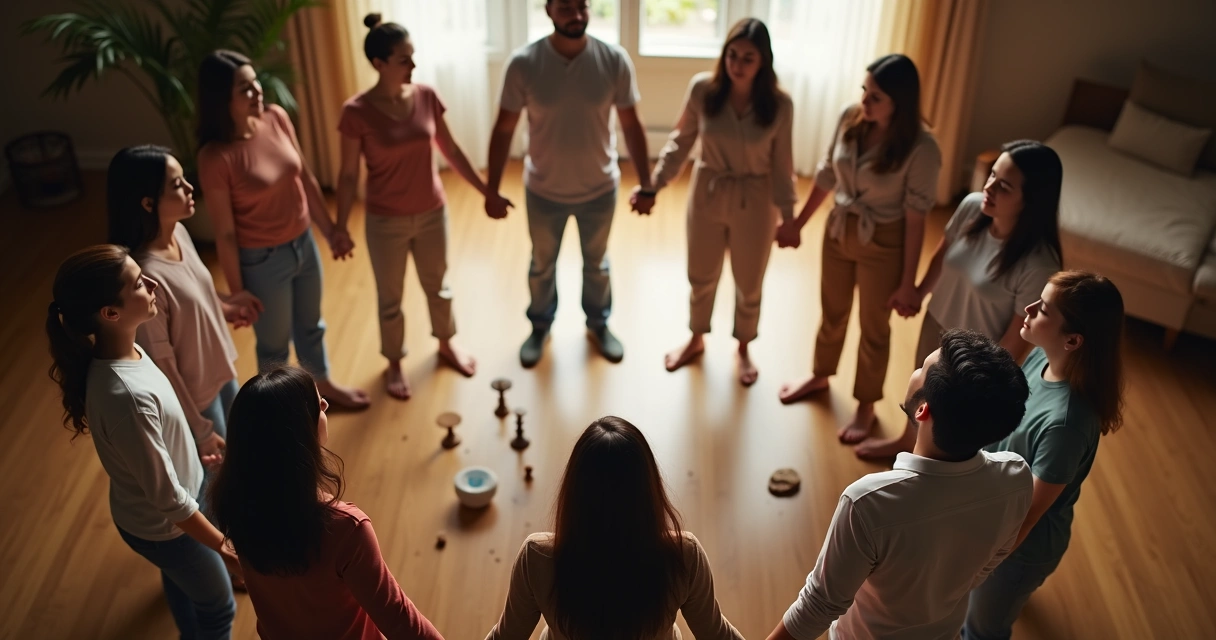 Pessoas de mãos dadas formando círculo em ambiente calmo 