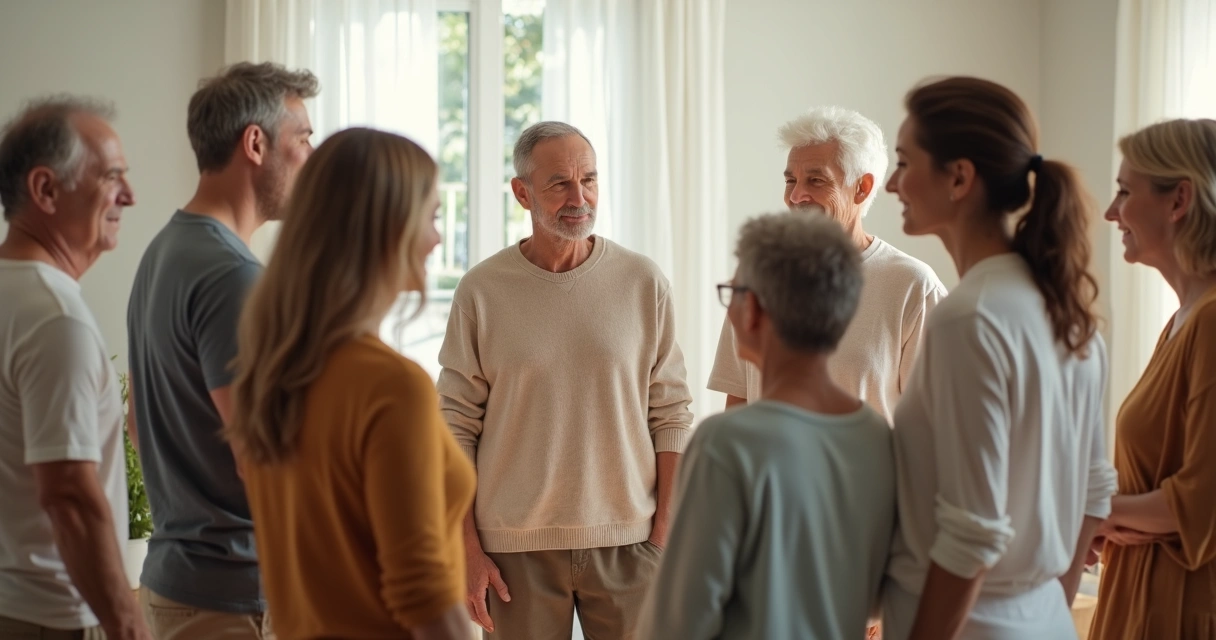 Pessoas interagindo em círculo em ambiente neutro, sugerindo uma dinâmica de grupo familiar 