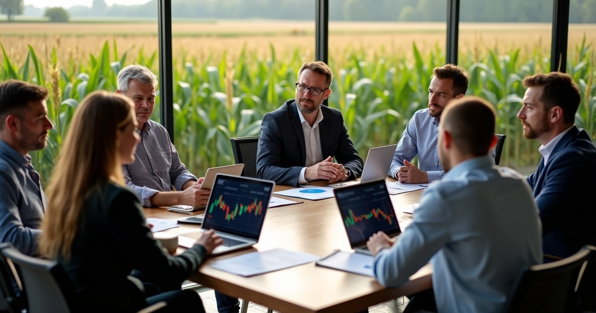 Negociação agrícola em fazenda com produtores e consultores, computadores e gráficos ao fundo