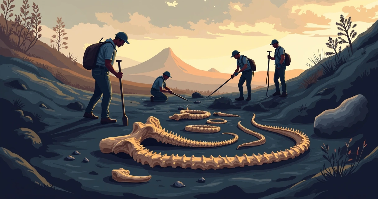 Escavação em solo basáltico com fósseis de dinossauro 