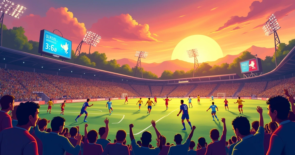 Ilustração de um campo de futebol vibrante ao pôr do sol, com torcedores animados e estatísticas exibidas.
