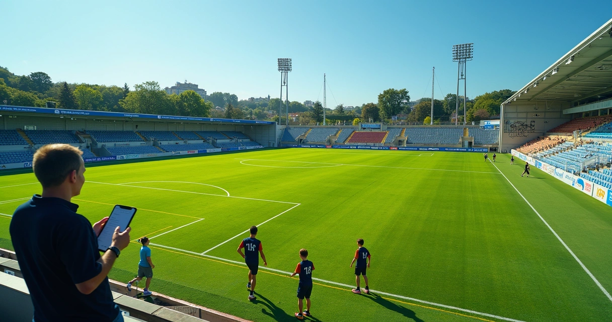 Vista aérea de campo esportivo com administrador mexendo no celular, quadras e crianças treinando 