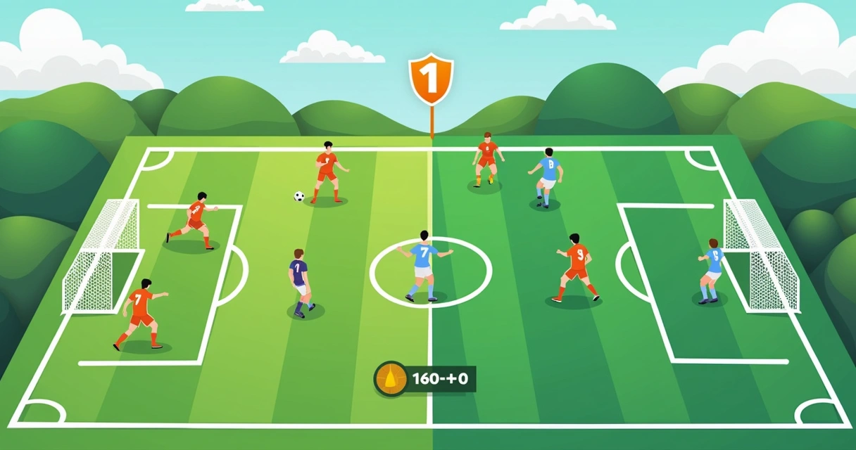 Ilustração de campo de futebol dividido, mostrando times com vantagem e desvantagem numérica. 