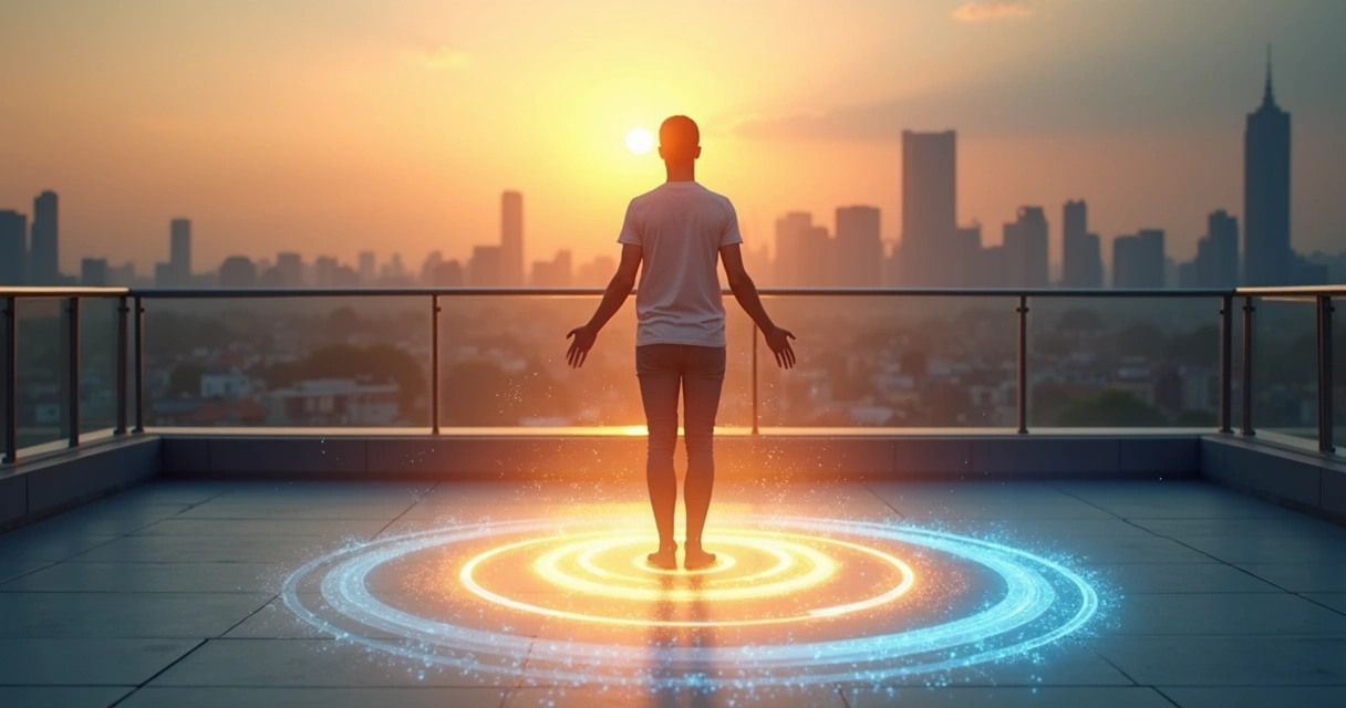 Persona de pie con un aura luminosa expandiéndose a su alrededor 