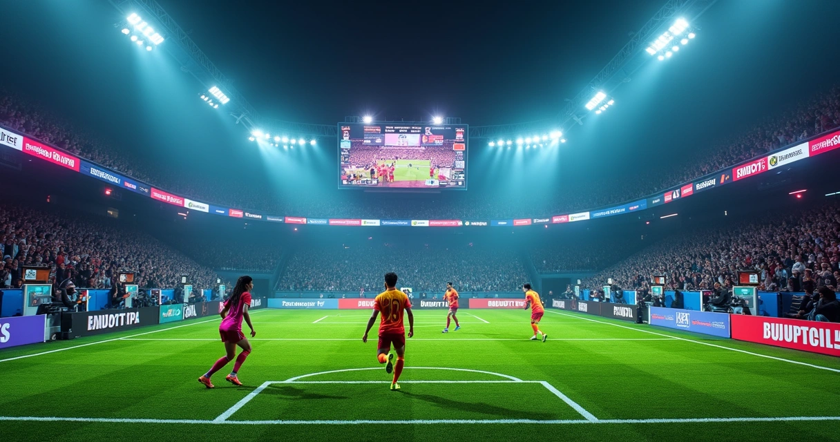 Jogadores em campo cercados por telões de LED com estatísticas e patrocínios 