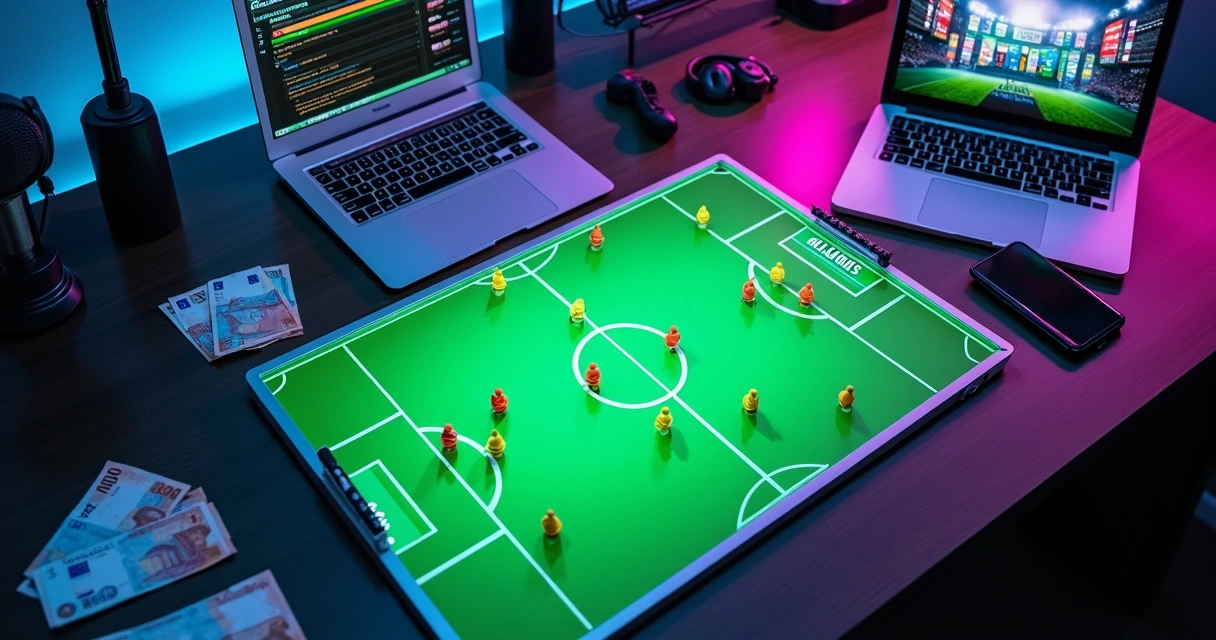 Mesa com campo tático da Kings League, dinheiro e planilha de custos 