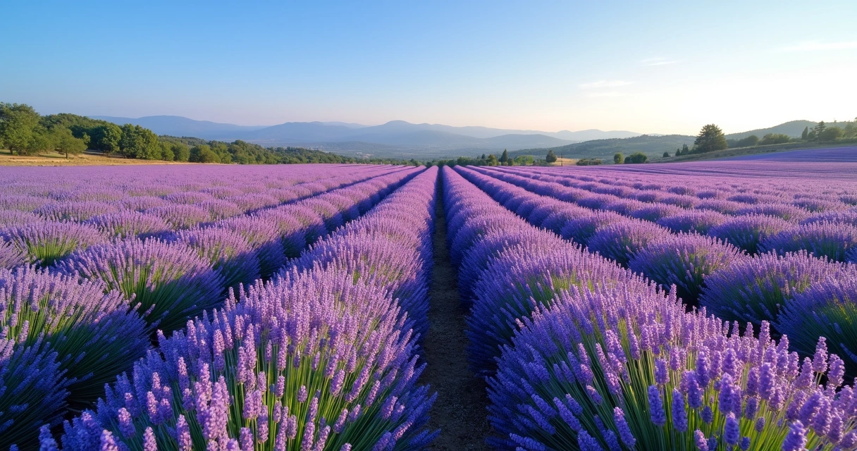 Campo de lavanda em flor e vegetação mediterrânea ao fundo 