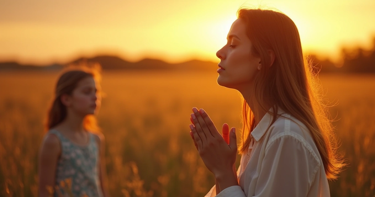 Mãe orando intensamente ao ar livre enquanto filha observa à distância 
