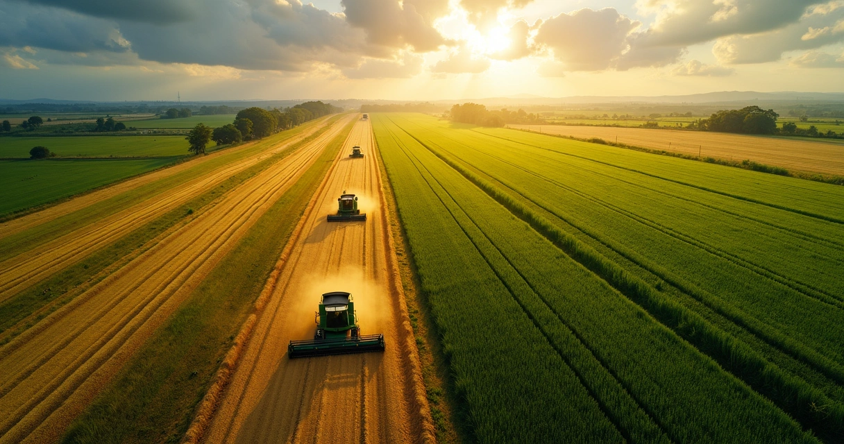 Vista aérea de máquinas colhendo soja em grande fazenda no Mato Grosso