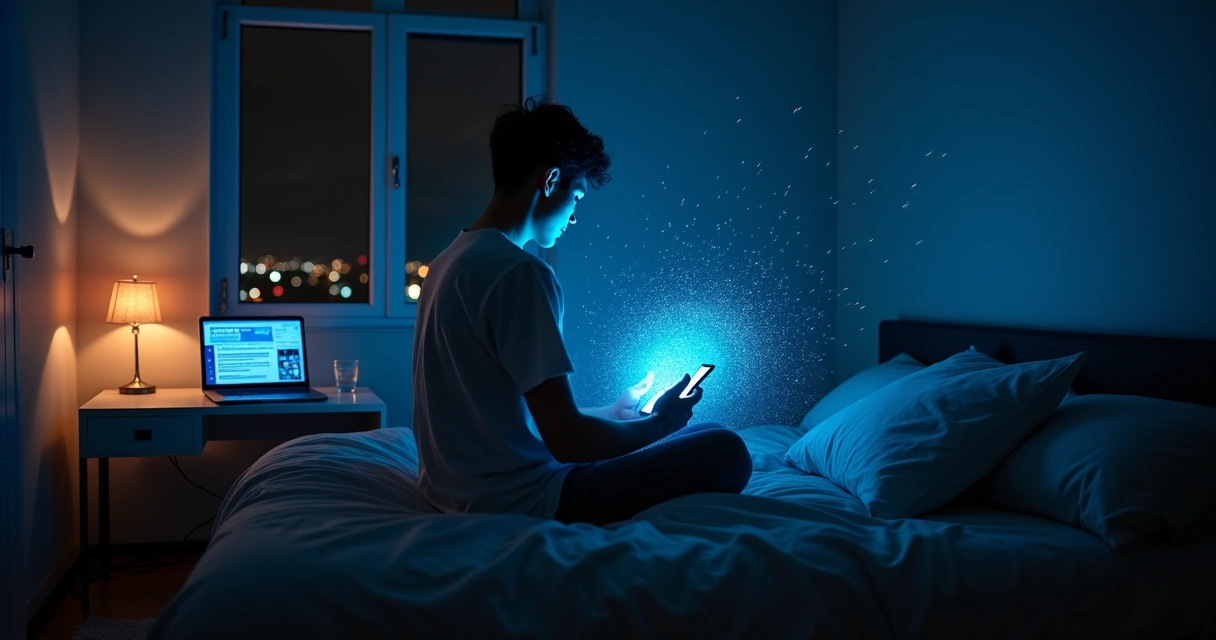 Pessoa em sala escura com campo mental luminoso cercado por telas digitais 