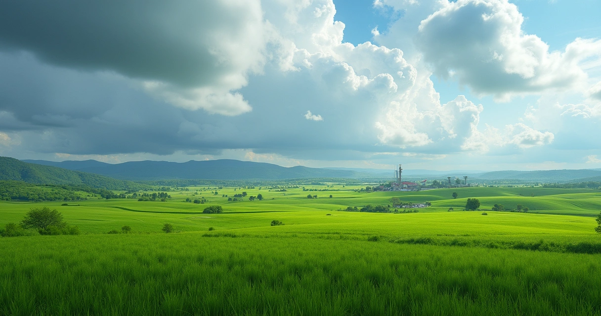 Campo agrícola com silos e máquina colheitadeira trabalhando sob céu parcialmente nublado 