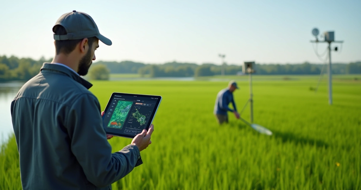 Profissional usando tablet para monitoramento ambiental em área verde 