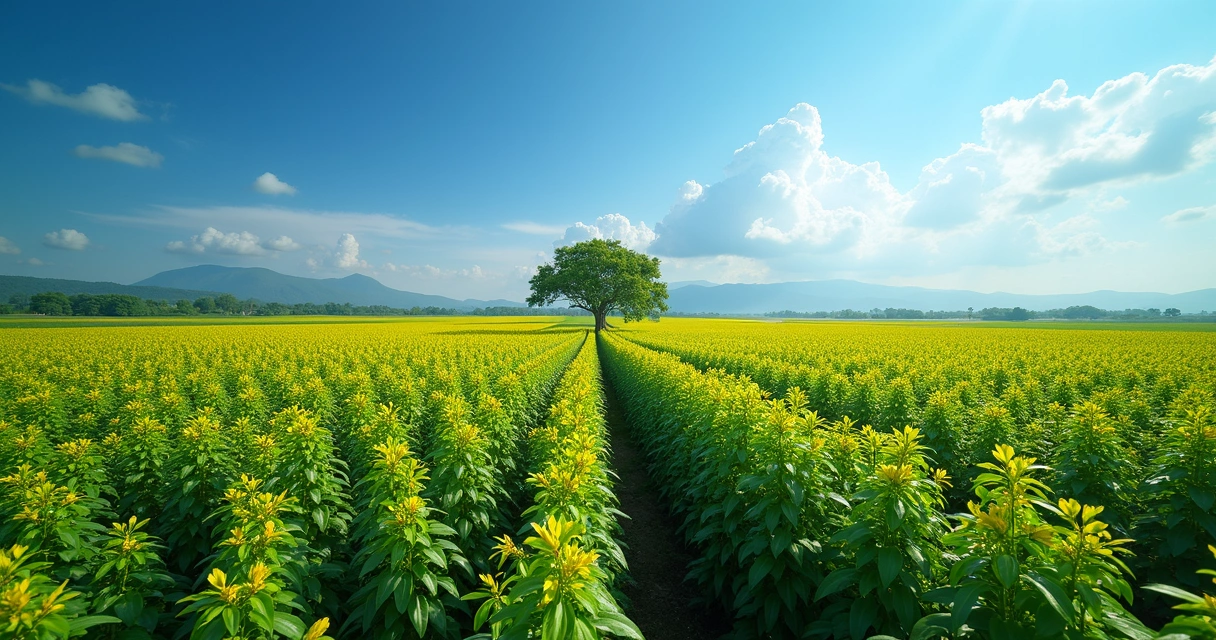 Plantação de moringa com céu azul ao fundo
