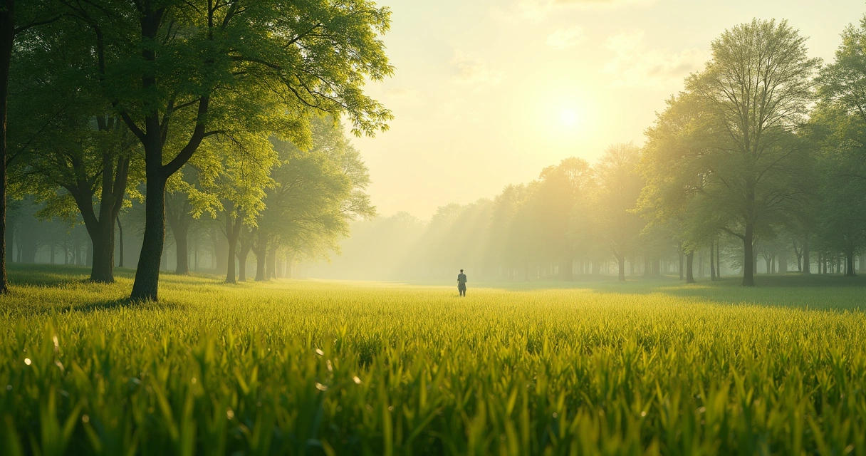 Campo aberto com árvores e luz do sol passando por entre as folhas, transmitindo calma e silêncio