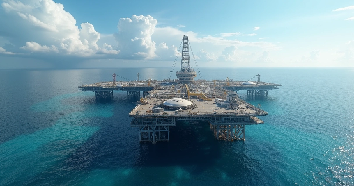 Plataforma de gás natural sobre o mar azul e céu parcialmente nublado 