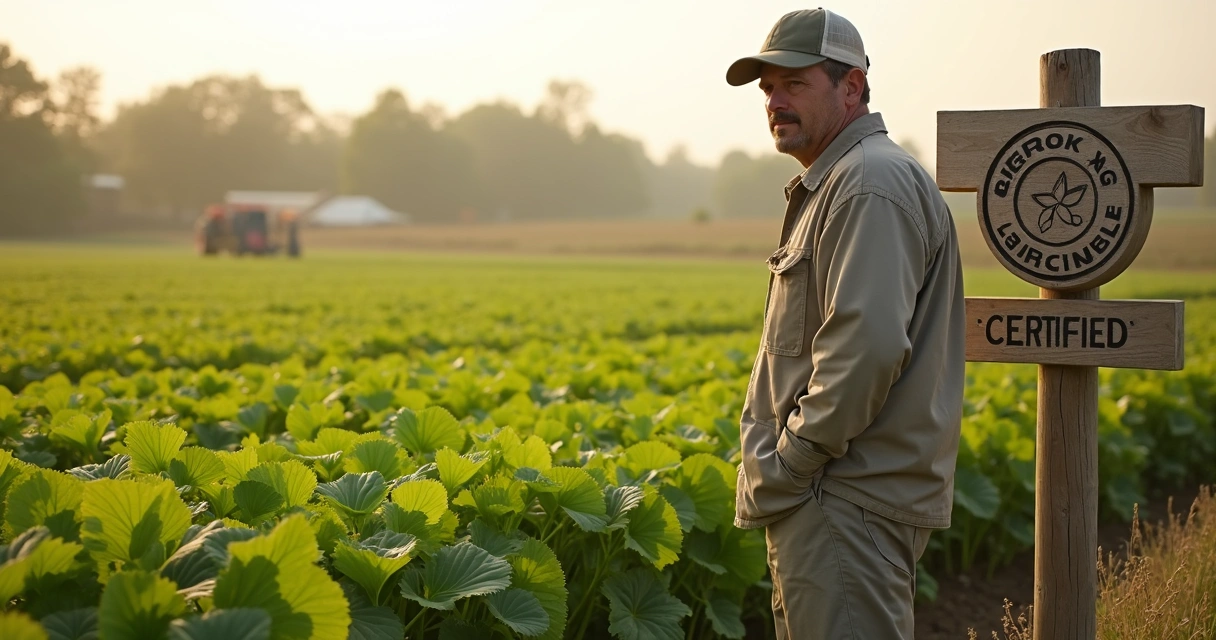 Produtor rural em campo de cultivo orgânico com selo de certificação em destaque 