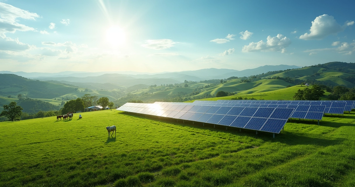 Campo amplo de placas solares em área rural brasileira 