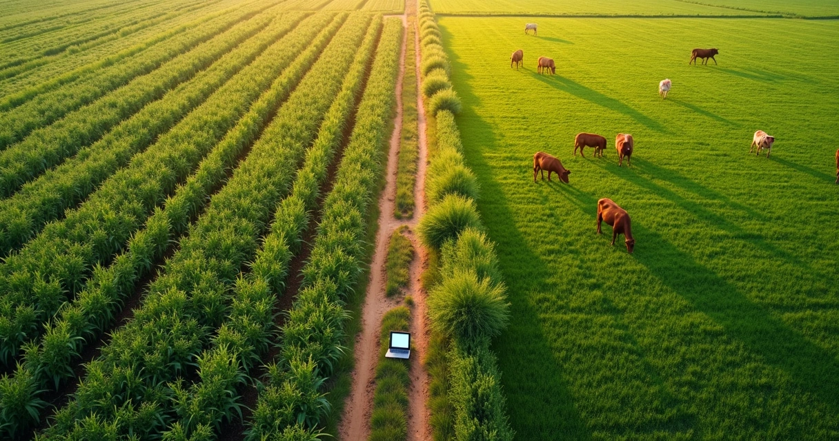 Plantação agrícola ao lado de pasto com gado visto de cima 