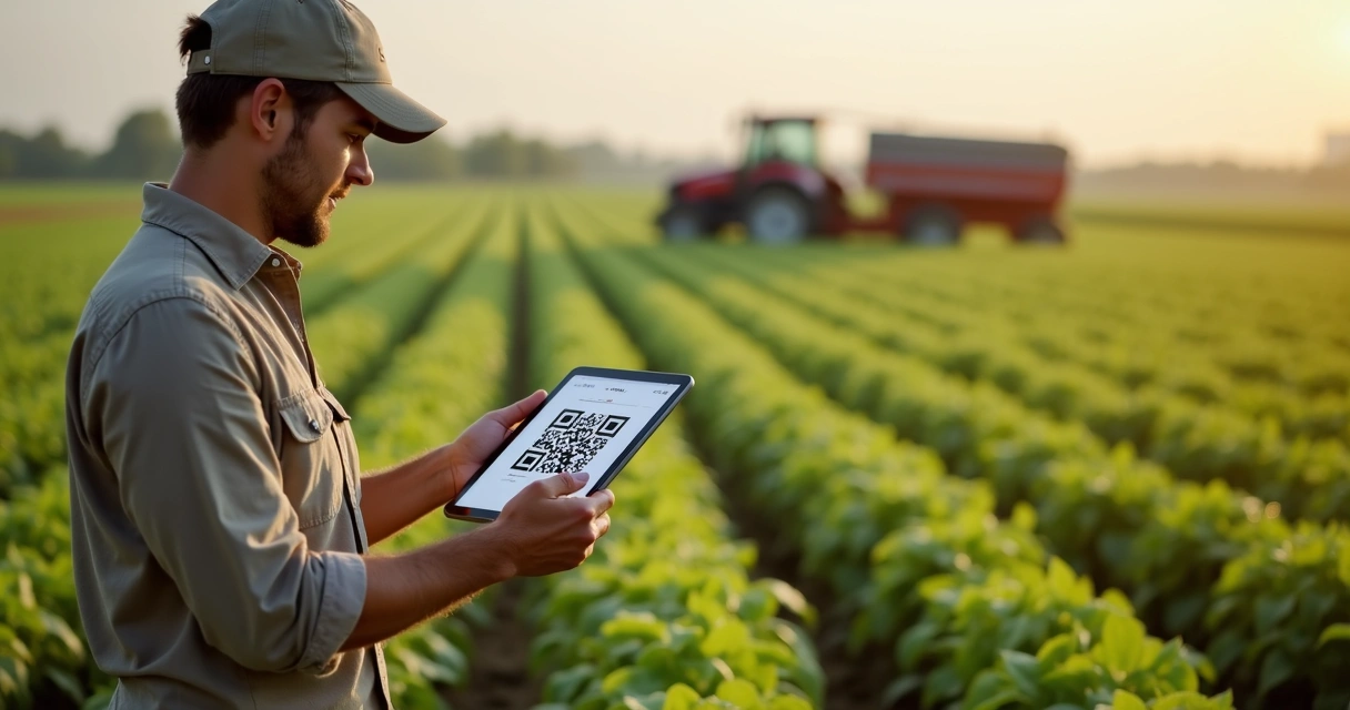 Produtor rural no campo usando tablet para registrar informações e gerar QR code 