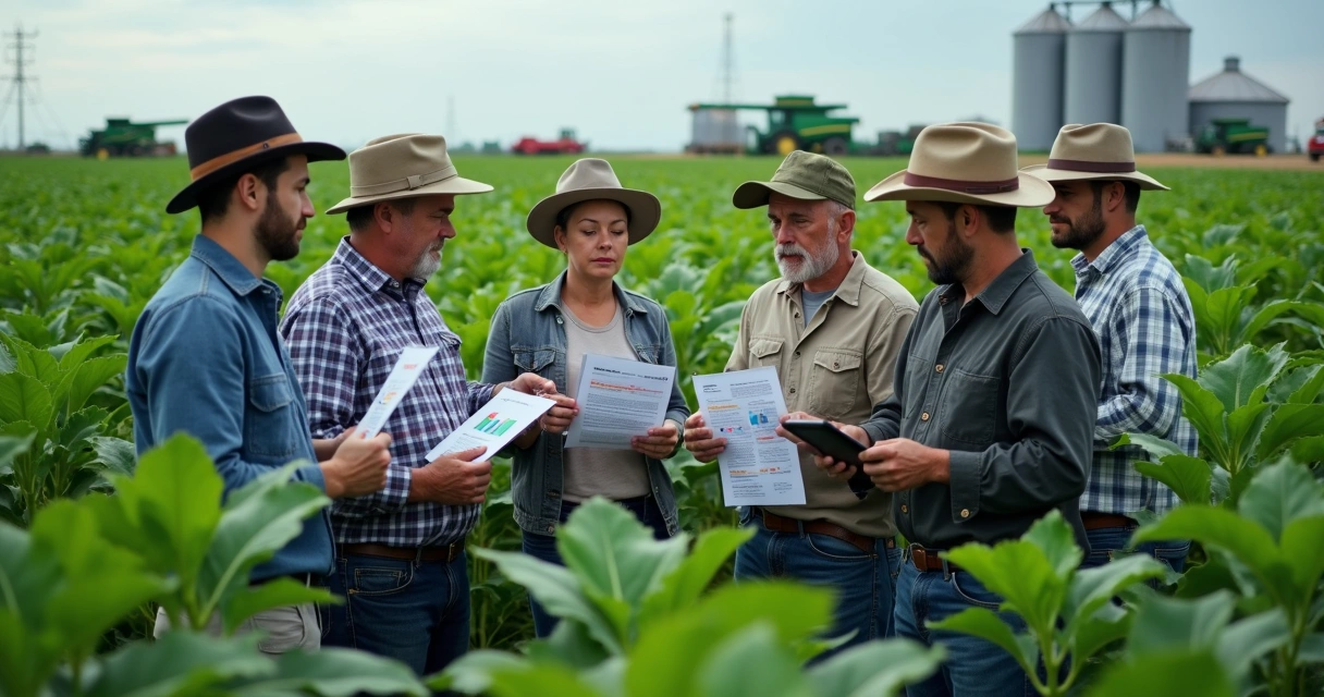 Produtores rurais em campo analisando contratos e gráficos 
