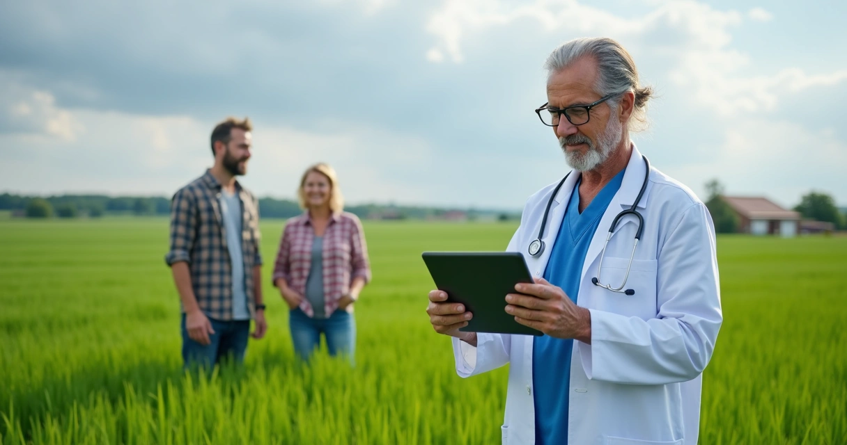 Médico atendendo casal em área rural por tablet. 