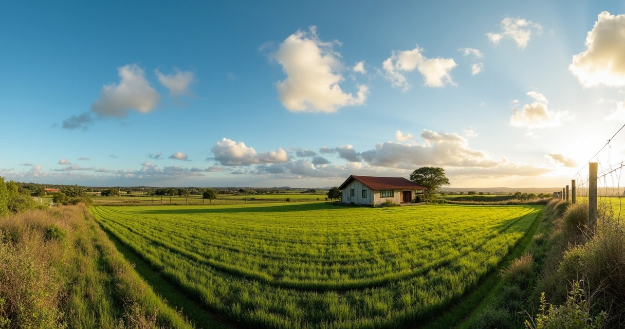 Vista panorâmica de campo rural em São Carlos com uma cerca e casa simples